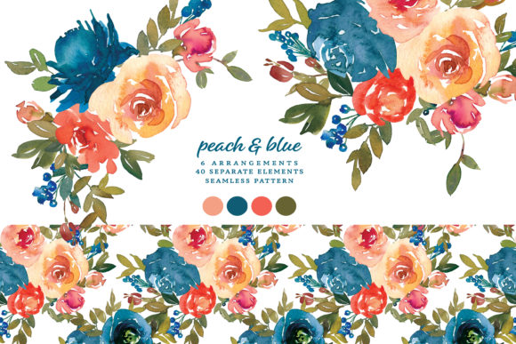 Watercolor Peach Blue Floral Clipart